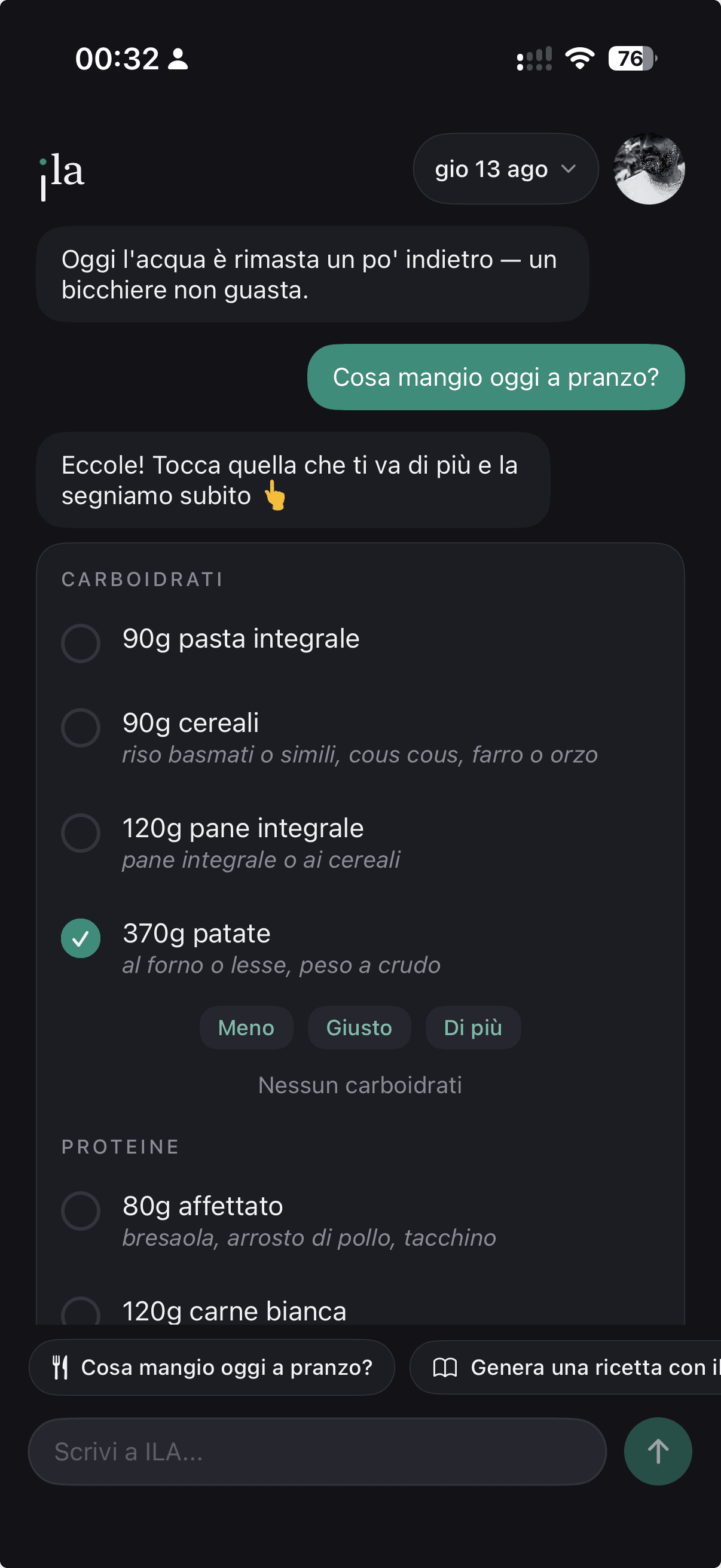 Conversazione con ila AI che propone le opzioni del pasto direttamente in chat
