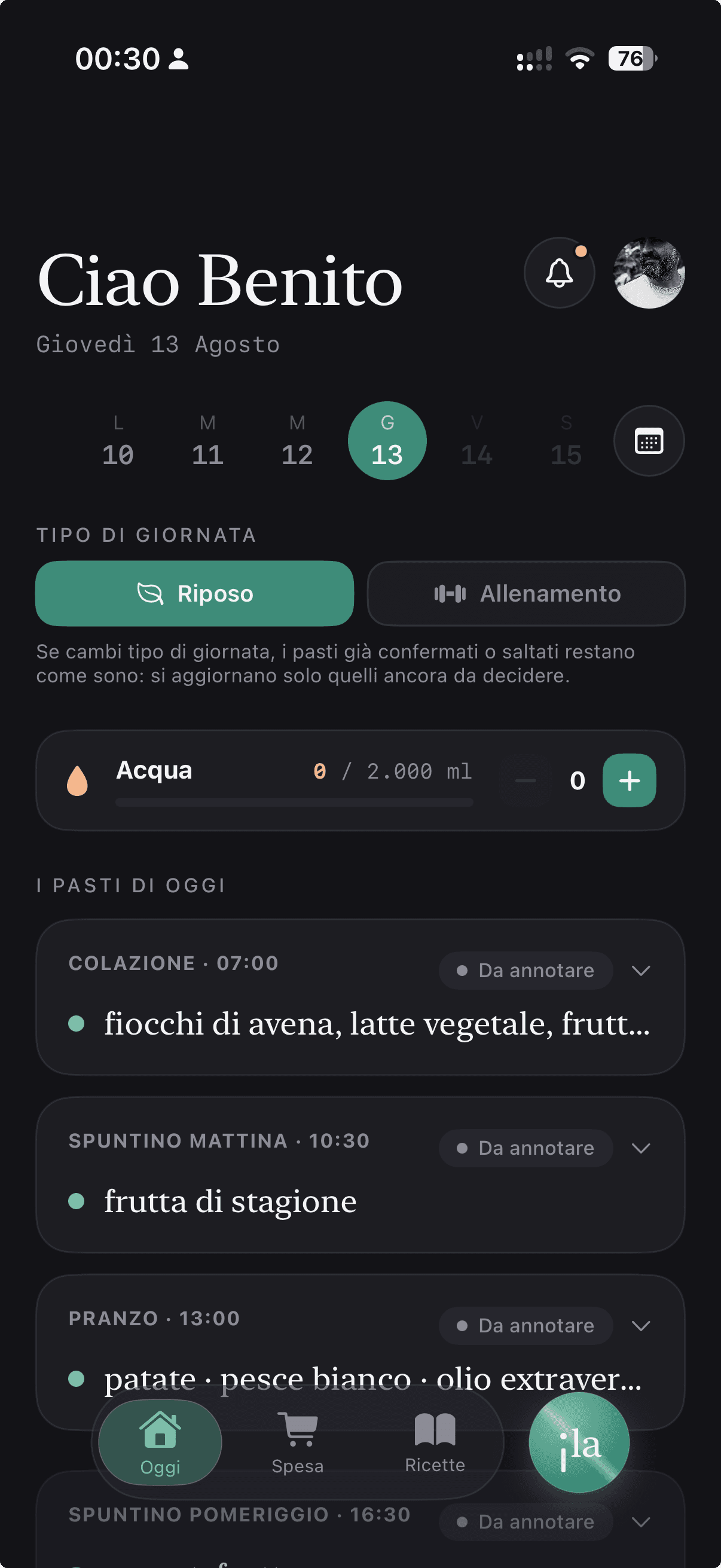 Schermata Oggi di ILA con i pasti della giornata