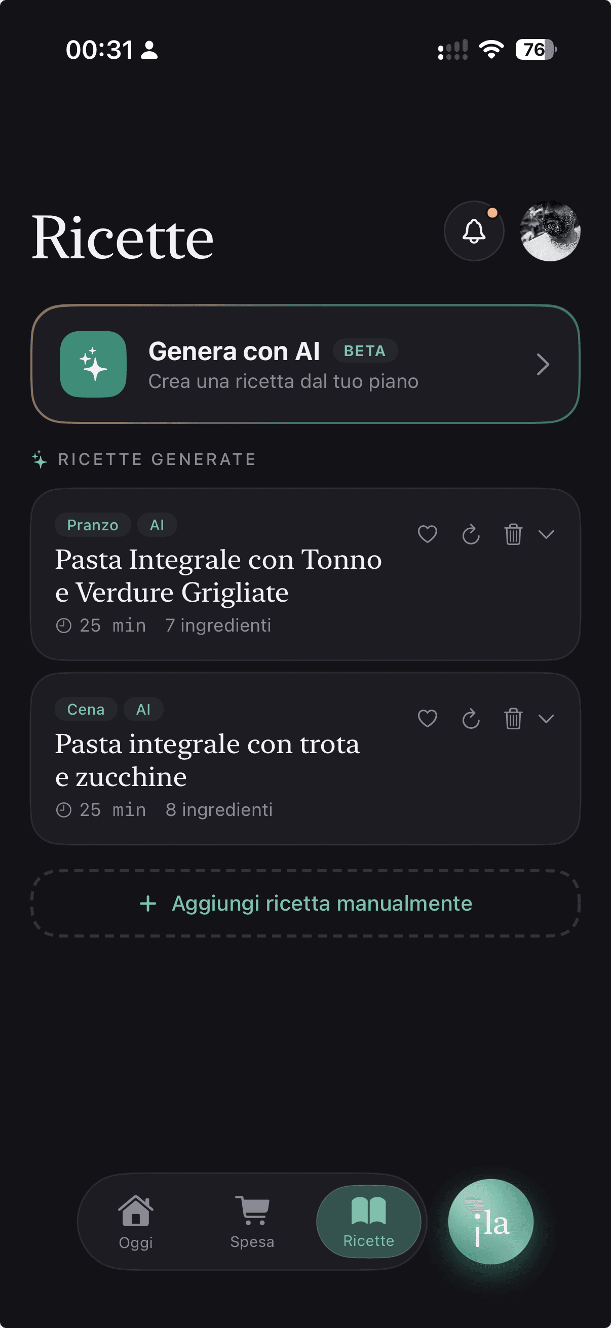 Schermata Ricette di ILA con ricette generate dall'AI