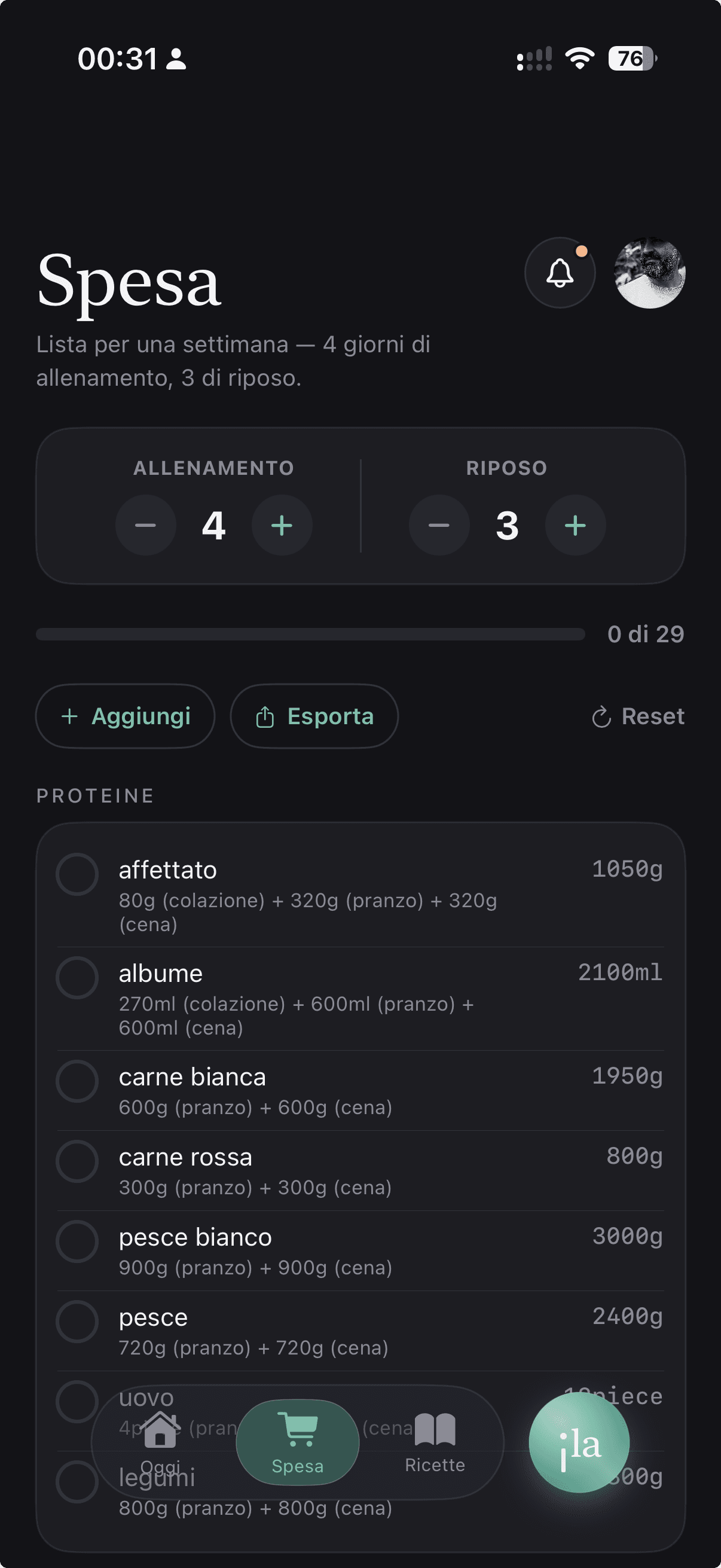 Schermata Spesa di ILA con la lista della spesa generata