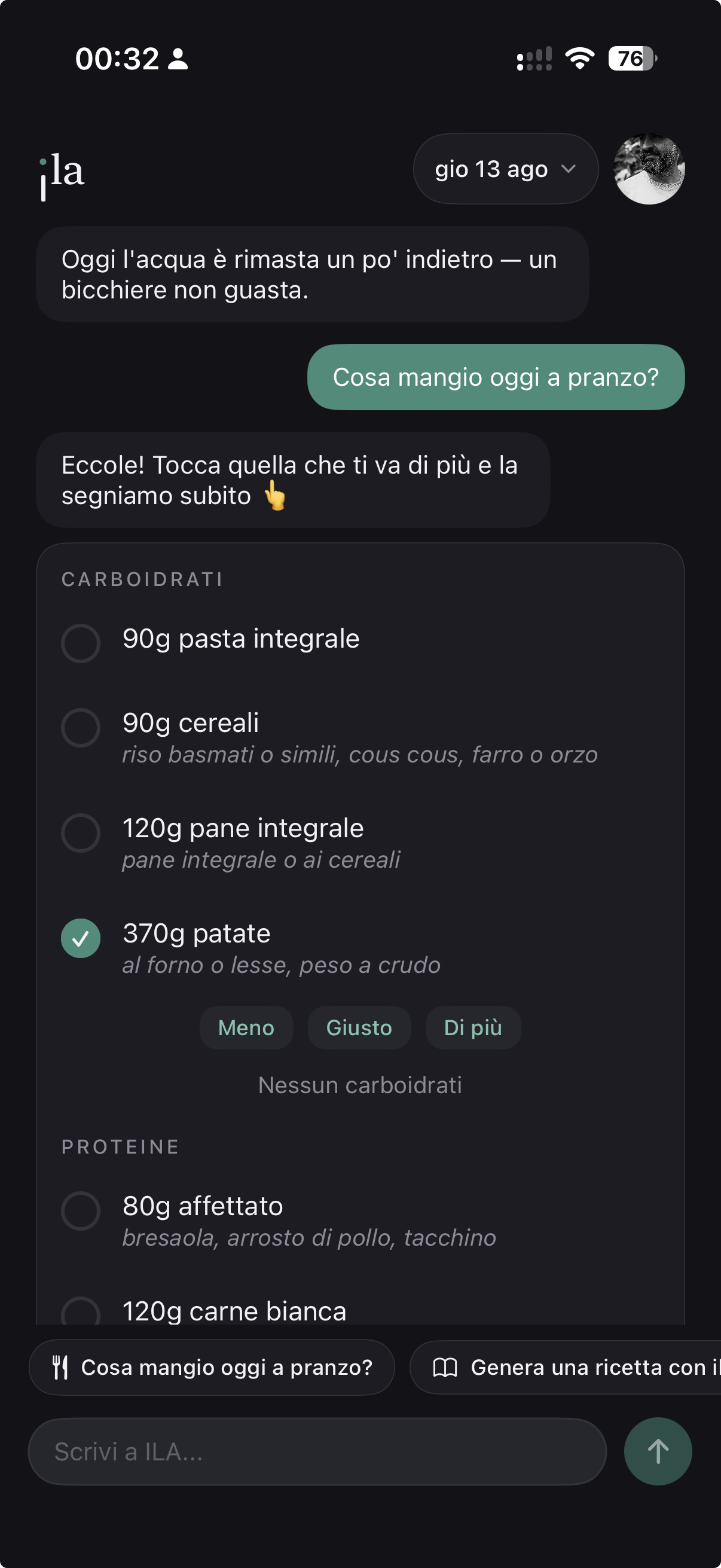 Conversazione con ila AI che propone le opzioni del pasto direttamente in chat