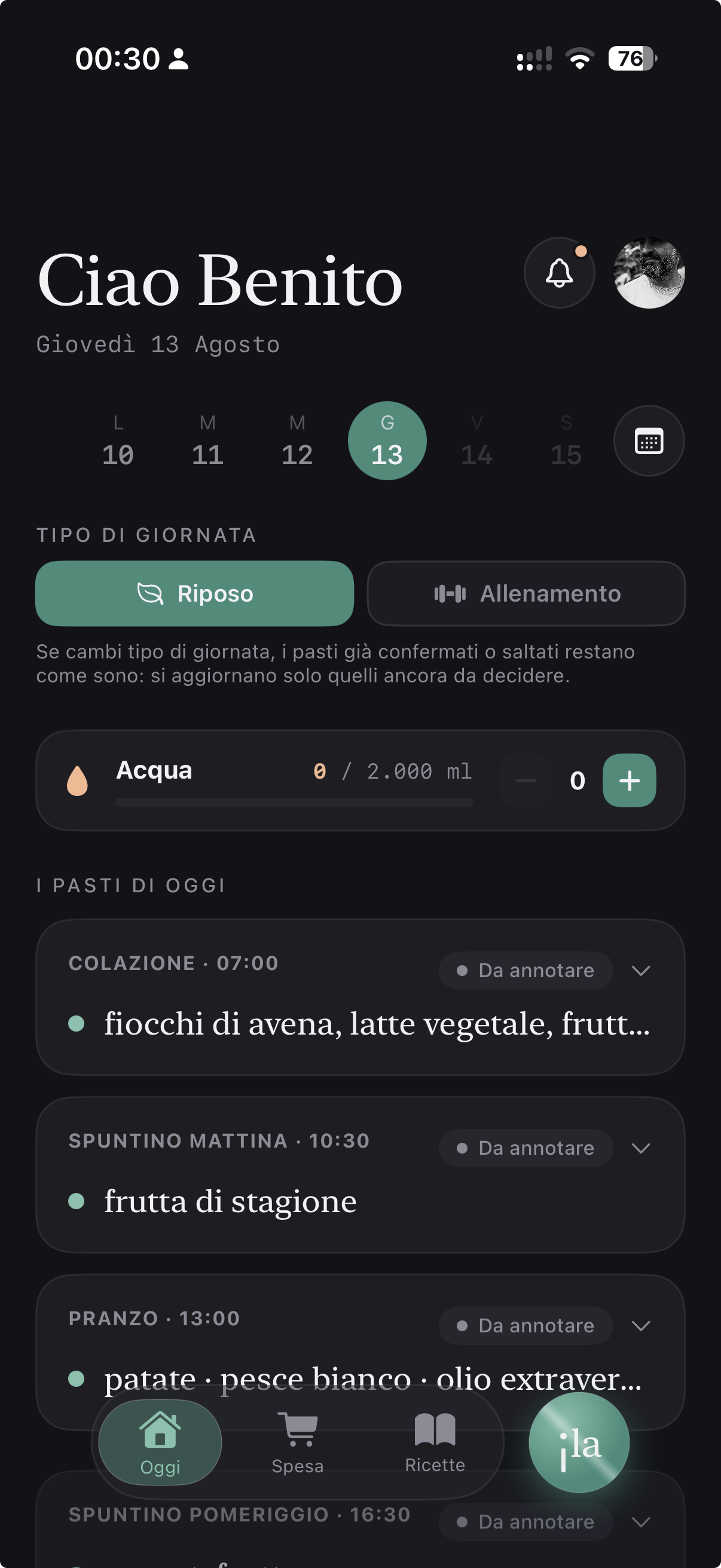 Schermata Oggi di ILA con i pasti della giornata