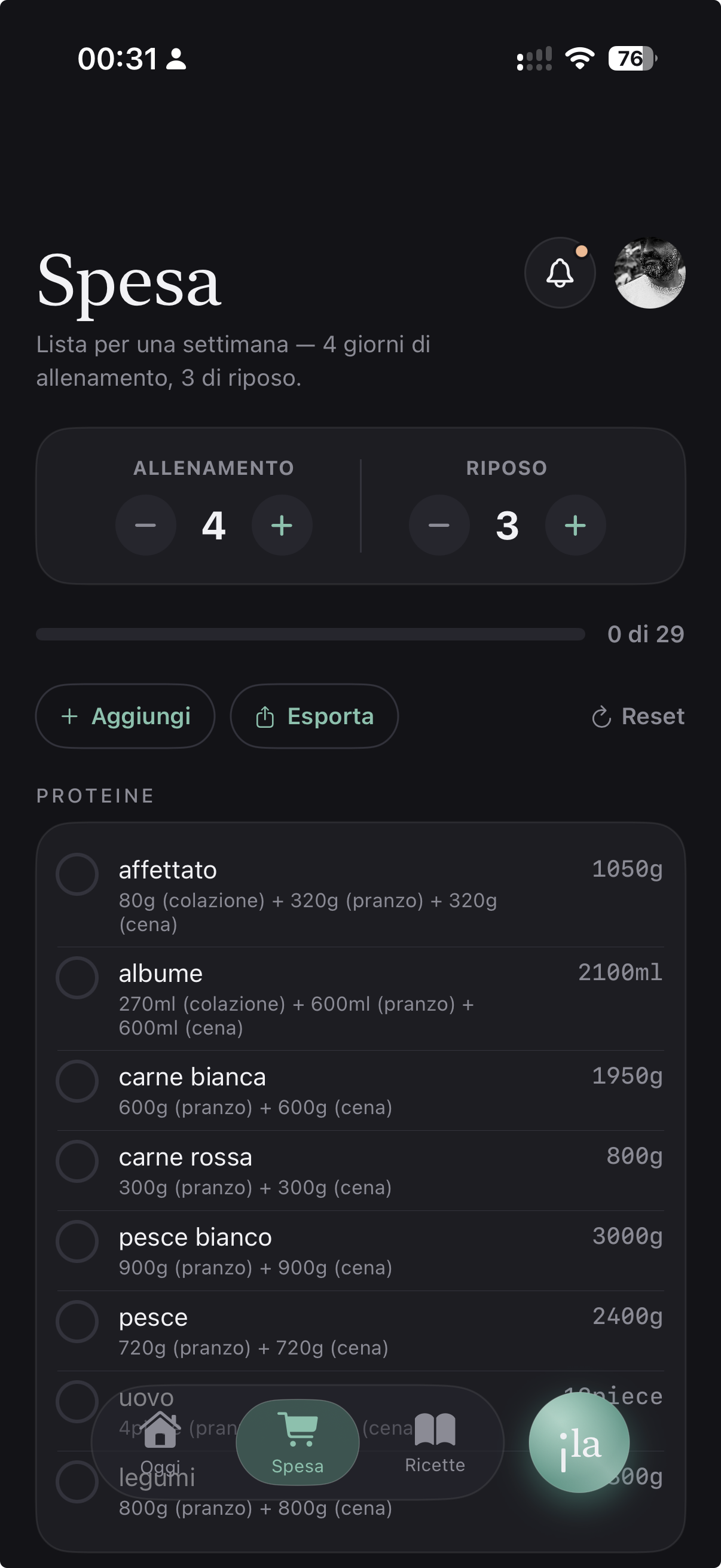 Schermata Spesa di ILA con la lista della spesa generata